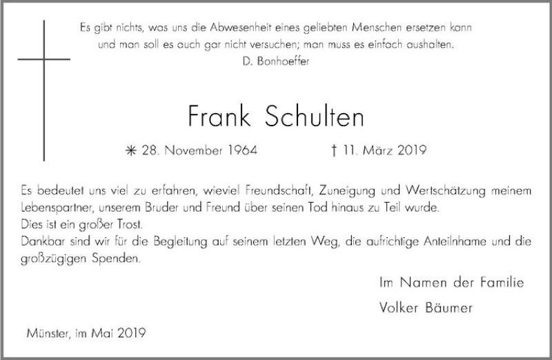  Traueranzeige für Frank Schulten vom 25.05.2019 aus Westfälische Nachrichten