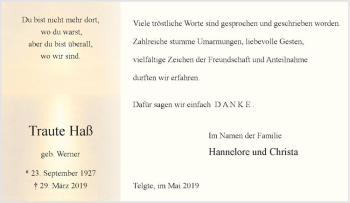 Anzeige von Traute Haß von Westfälische Nachrichten