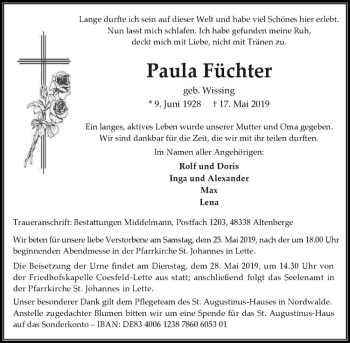 Anzeige von Paula Füchter von Westfälische Nachrichten
