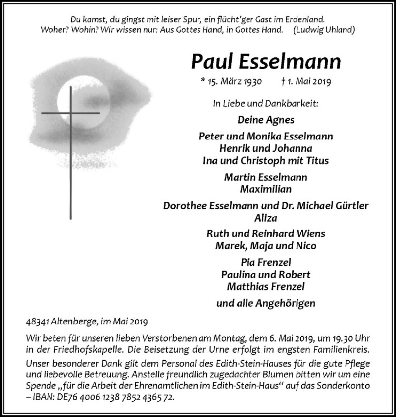  Traueranzeige für Paul Esselmann vom 04.05.2019 aus Westfälische Nachrichten