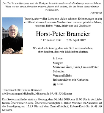 Anzeige von Horst-Peter Brameier von Westfälische Nachrichten