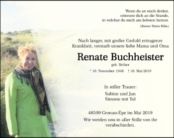 Anzeige von Renate Buchheister von Westfälische Nachrichten