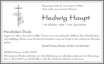 Anzeige von Hedwig Haupt von Westfälische Nachrichten