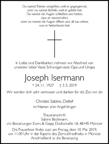 Anzeige von Joseph lsermann von Westfälische Nachrichten