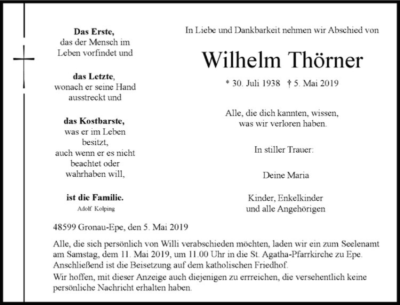  Traueranzeige für Wilhelm Thörner vom 07.05.2019 aus Westfälische Nachrichten