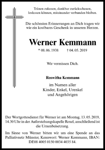 Anzeige von Werner Kemmann von Westfälische Nachrichten