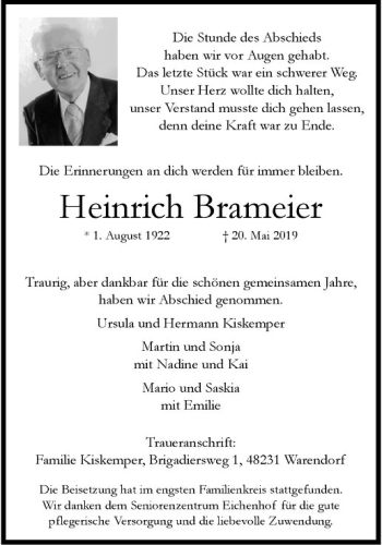 Anzeige von Heinrich Brameier von Westfälische Nachrichten