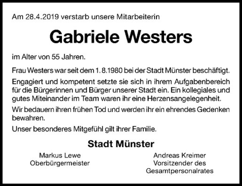  Traueranzeige für Gabriele Westers vom 04.05.2019 aus Westfälische Nachrichten