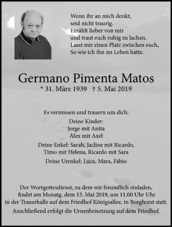 Anzeige von Germano Pimenta Matos von Westfälische Nachrichten