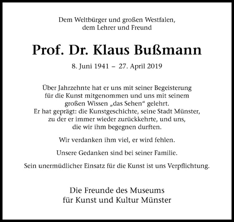  Traueranzeige für Klaus Bußmann vom 03.05.2019 aus Westfälische Nachrichten