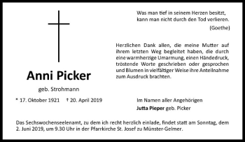 Anzeige von Anni Picker von Westfälische Nachrichten