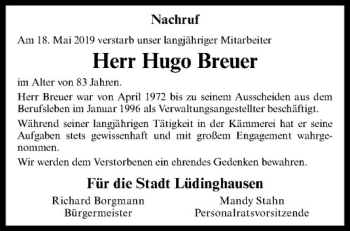 Anzeige von Hugo Breuer von Westfälische Nachrichten