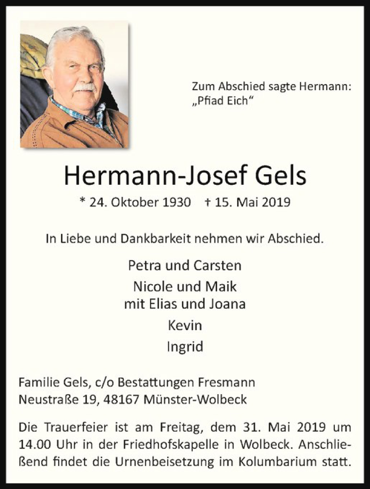  Traueranzeige für Hermann-Josef Gels vom 18.05.2019 aus Westfälische Nachrichten