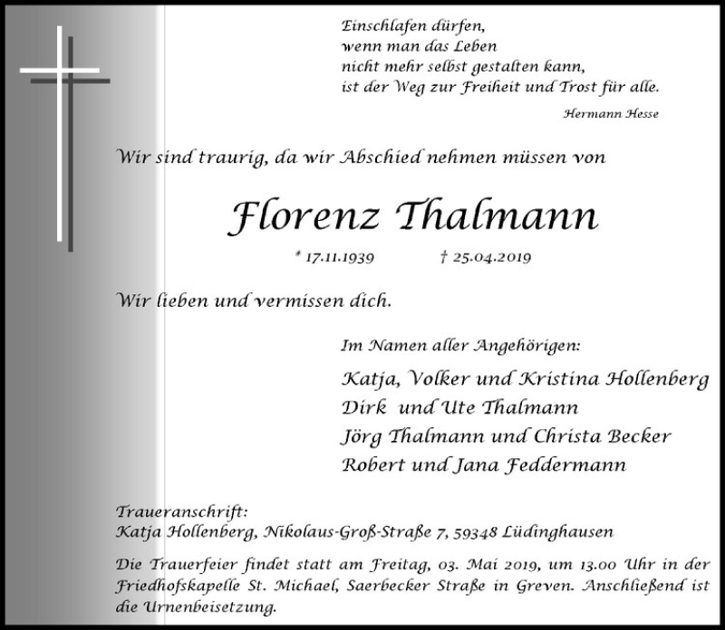  Traueranzeige für Florenz Thalmann vom 01.05.2019 aus Westfälische Nachrichten