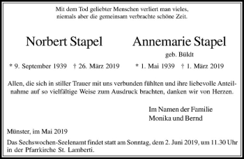Anzeige von Annemarie Stapel von Westfälische Nachrichten