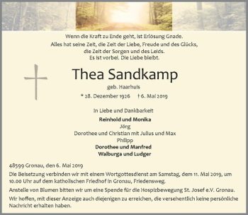 Anzeige von Thea Sandkamp von Westfälische Nachrichten