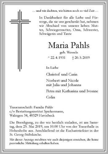 Anzeige von Maria Pahls von Westfälische Nachrichten