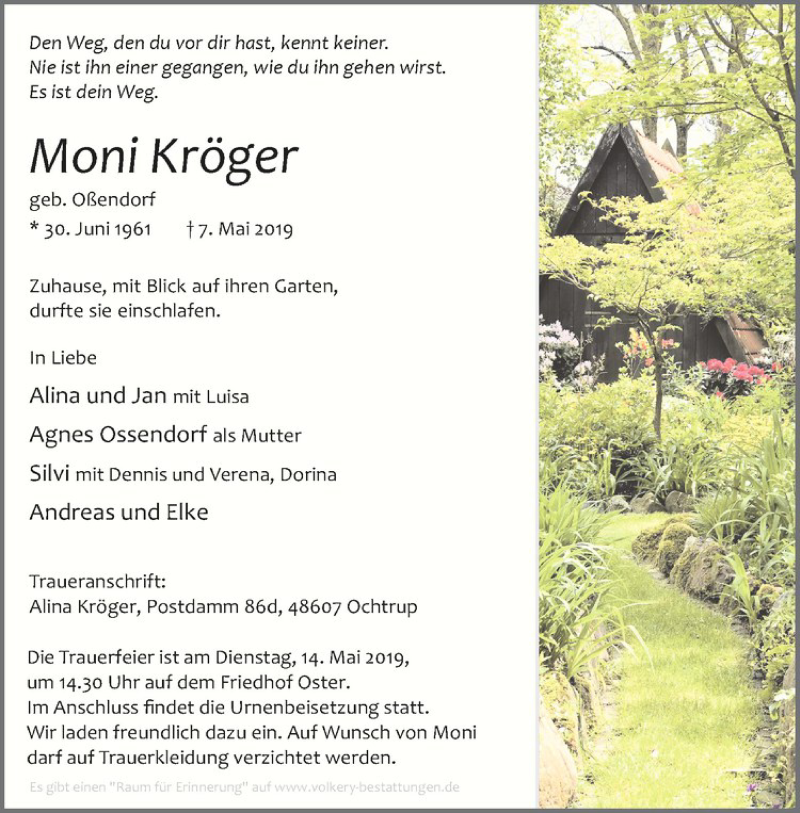  Traueranzeige für Moni Kröger vom 09.05.2019 aus Westfälische Nachrichten