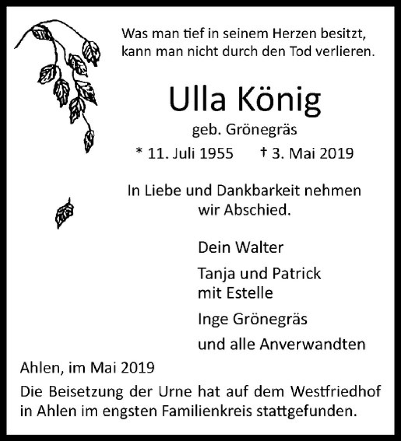  Traueranzeige für Ulla König vom 15.05.2019 aus Westfälische Nachrichten