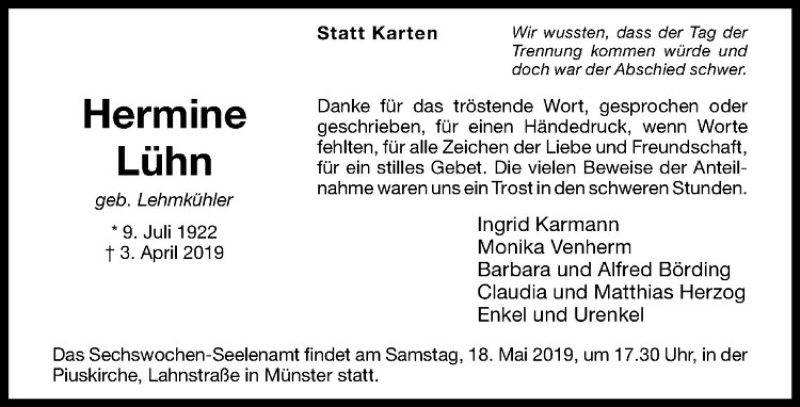  Traueranzeige für Hermine Lühn vom 14.05.2019 aus Westfälische Nachrichten