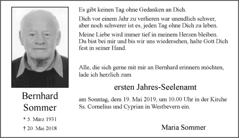  Traueranzeige für Bernhard Sommer vom 11.05.2019 aus Westfälische Nachrichten