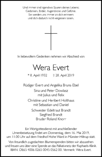 Anzeige von Wera Evert von Westfälische Nachrichten