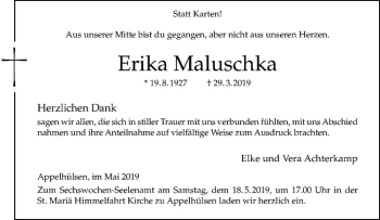 Anzeige von Erika Maluschka von Westfälische Nachrichten