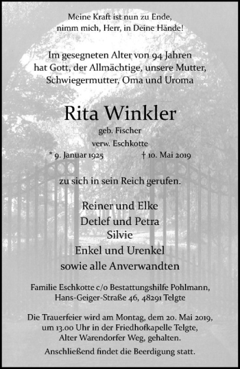 Anzeige von Rita Winkler von Westfälische Nachrichten
