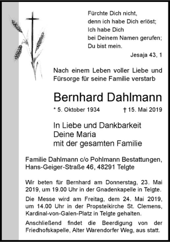 Anzeige von Bernhard Dahlmann von Westfälische Nachrichten