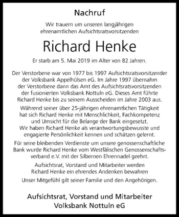 Anzeige von Richard Henke von Westfälische Nachrichten