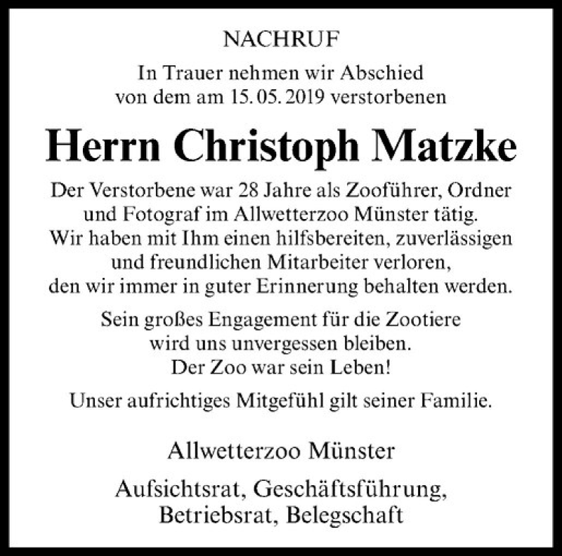  Traueranzeige für Christoph Matzke vom 29.05.2019 aus Westfälische Nachrichten