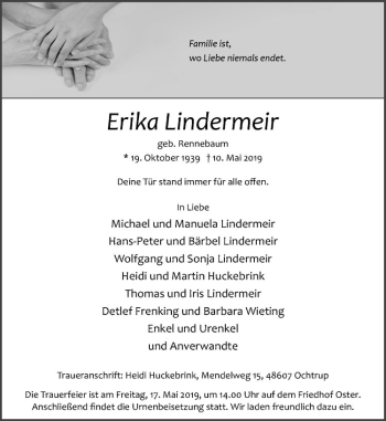 Anzeige von Erika Lindermeir von Westfälische Nachrichten