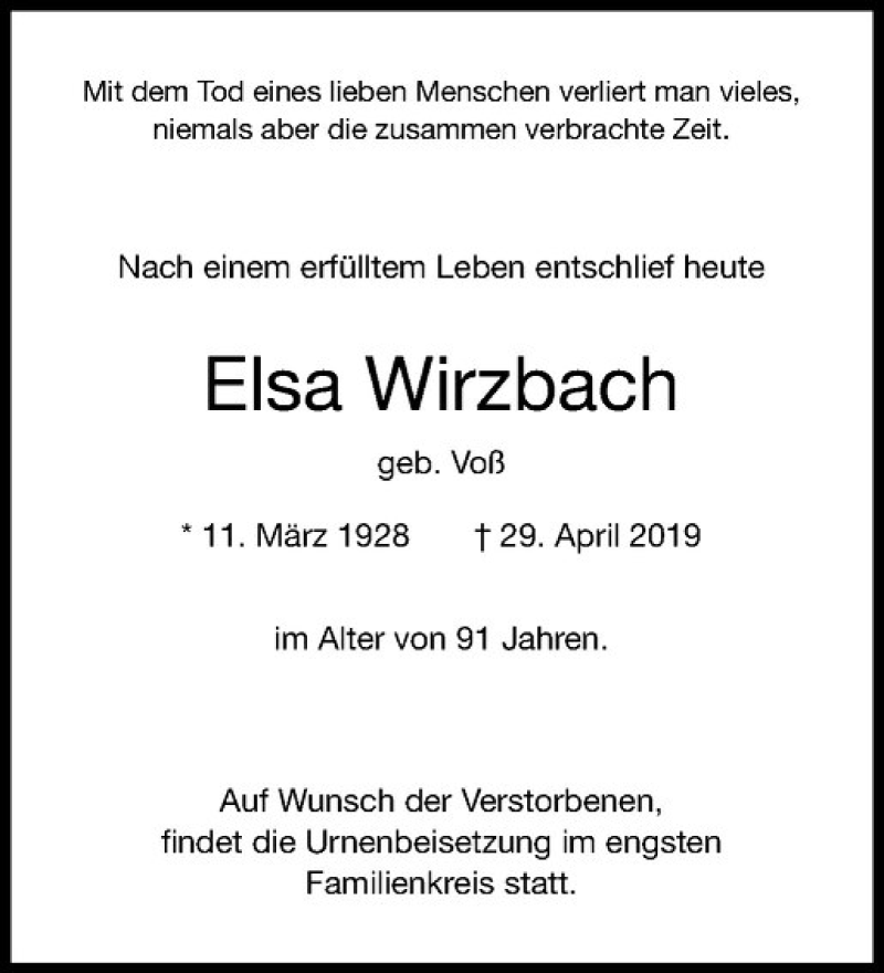  Traueranzeige für Elsa Wirzbach vom 04.05.2019 aus Westfälische Nachrichten