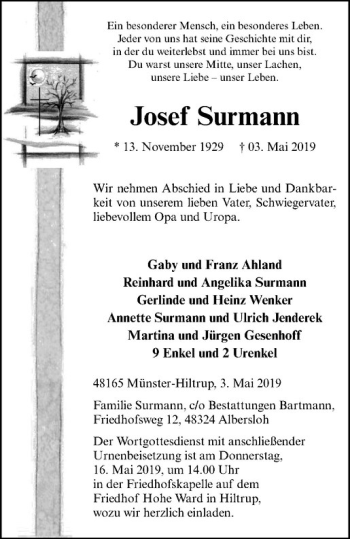 Anzeige von Josef Surmann von Westfälische Nachrichten