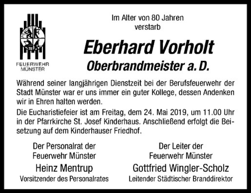  Traueranzeige für Eberhard Vorholt vom 24.05.2019 aus Westfälische Nachrichten