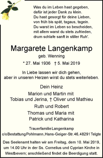 Anzeige von Margarete Langenkamp von Westfälische Nachrichten