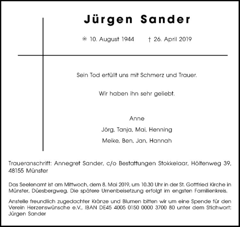  Traueranzeige für Jürgen Sander vom 04.05.2019 aus Westfälische Nachrichten