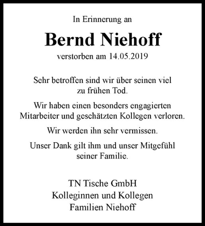  Traueranzeige für Bernd Niehoff vom 20.05.2019 aus Westfälische Nachrichten
