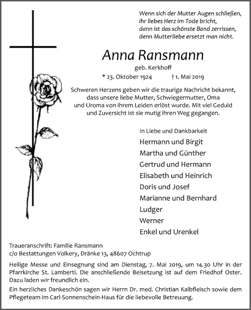  Traueranzeige für Anna Ransmann vom 04.05.2019 aus Westfälische Nachrichten