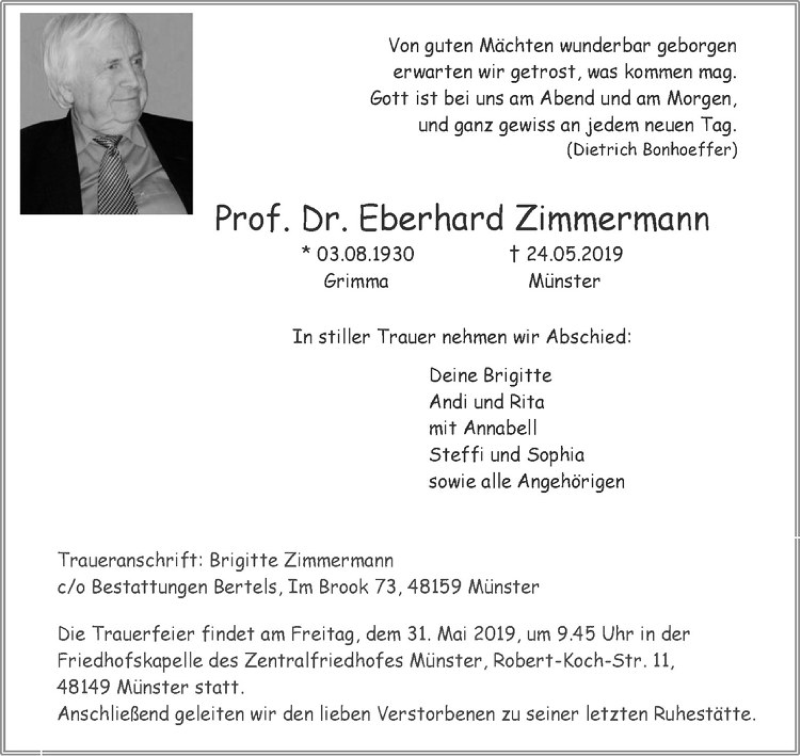  Traueranzeige für Eberhard Zimmermann vom 28.05.2019 aus Westfälische Nachrichten