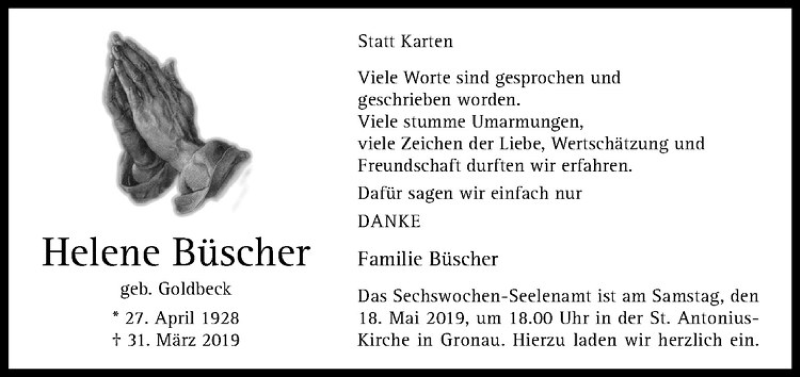  Traueranzeige für Helene Büscher vom 16.05.2019 aus Westfälische Nachrichten