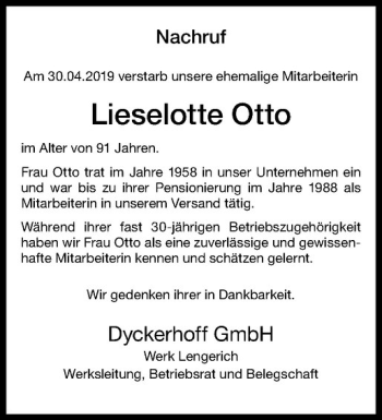 Anzeige von Lieselotte Otto von Westfälische Nachrichten