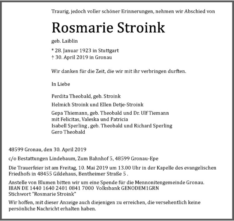  Traueranzeige für Rosemarie Stroink vom 04.05.2019 aus Westfälische Nachrichten