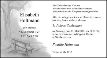 Anzeige von Elisabeth Holtmann von Westfälische Nachrichten