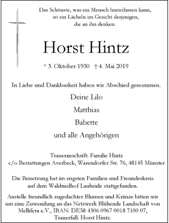 Anzeige von Horst Hintz von Westfälische Nachrichten