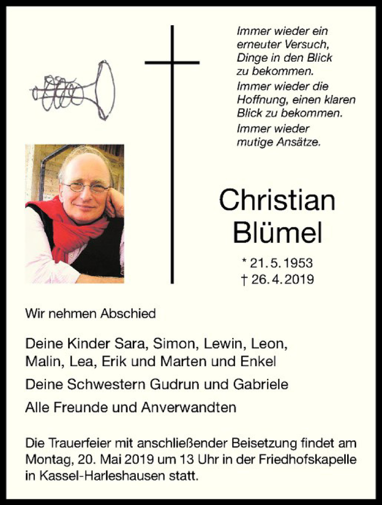  Traueranzeige für Christian Blümel vom 14.05.2019 aus Westfälische Nachrichten