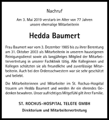 Anzeige von Hedda Baumert von Westfälische Nachrichten