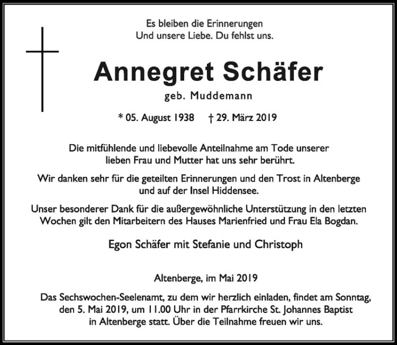  Traueranzeige für Annegret Schäfer vom 01.05.2019 aus Westfälische Nachrichten