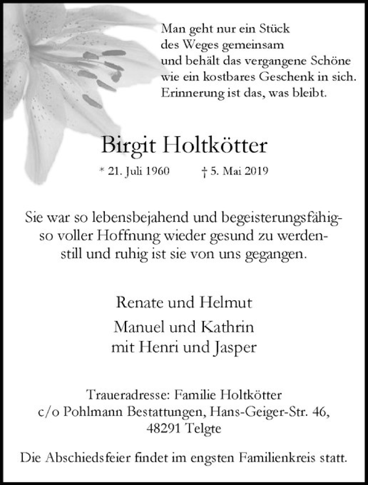  Traueranzeige für Birgit Holtkötter vom 11.05.2019 aus Westfälische Nachrichten
