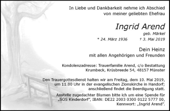 Anzeige von Ingrid Arend von Westfälische Nachrichten